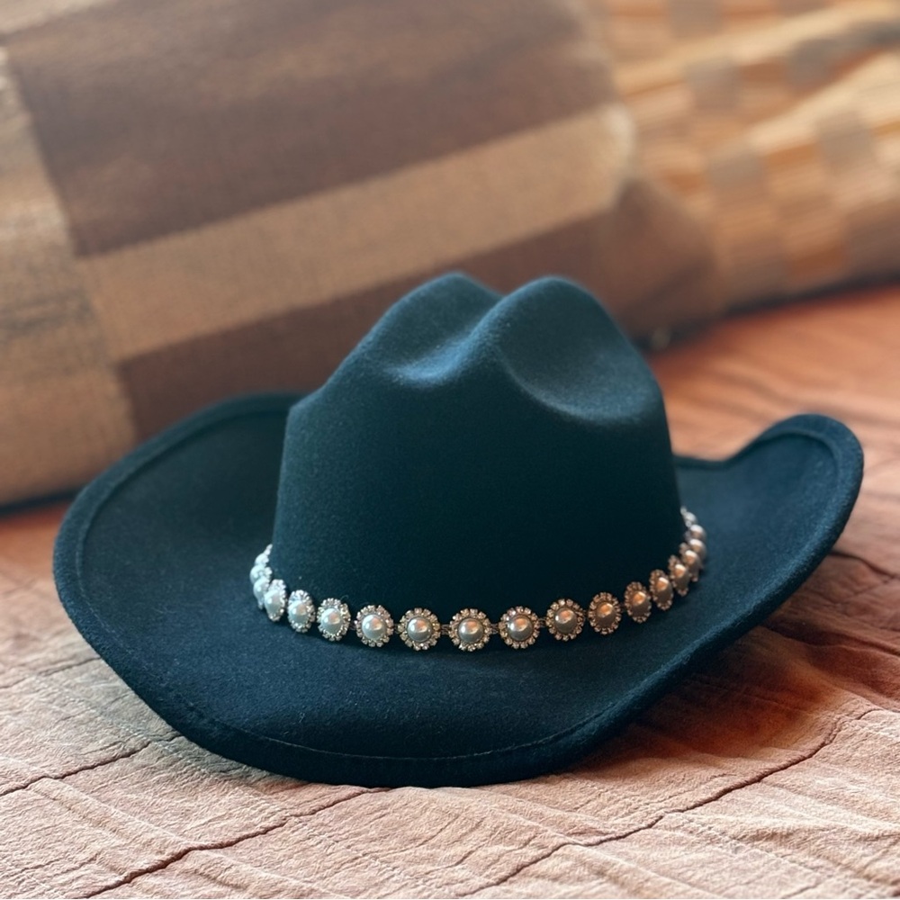 Black Cowboy Hat with Faux Pearl Band